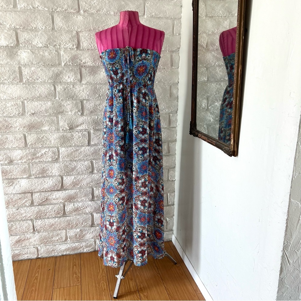 Sans Souci Blue Gray Strapless Ruched Tie Front Dress D3